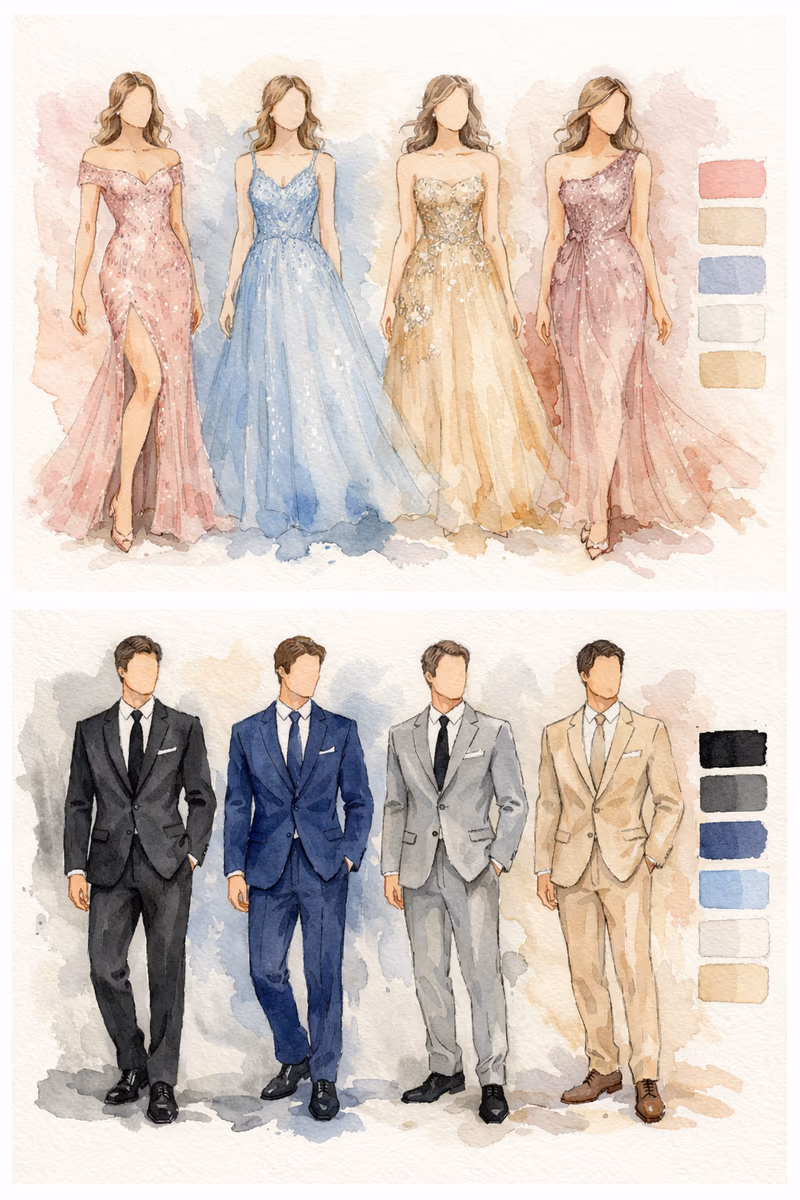 Paleta de cores do dress code — tons pastéis em rosa, azul, lavanda e similares